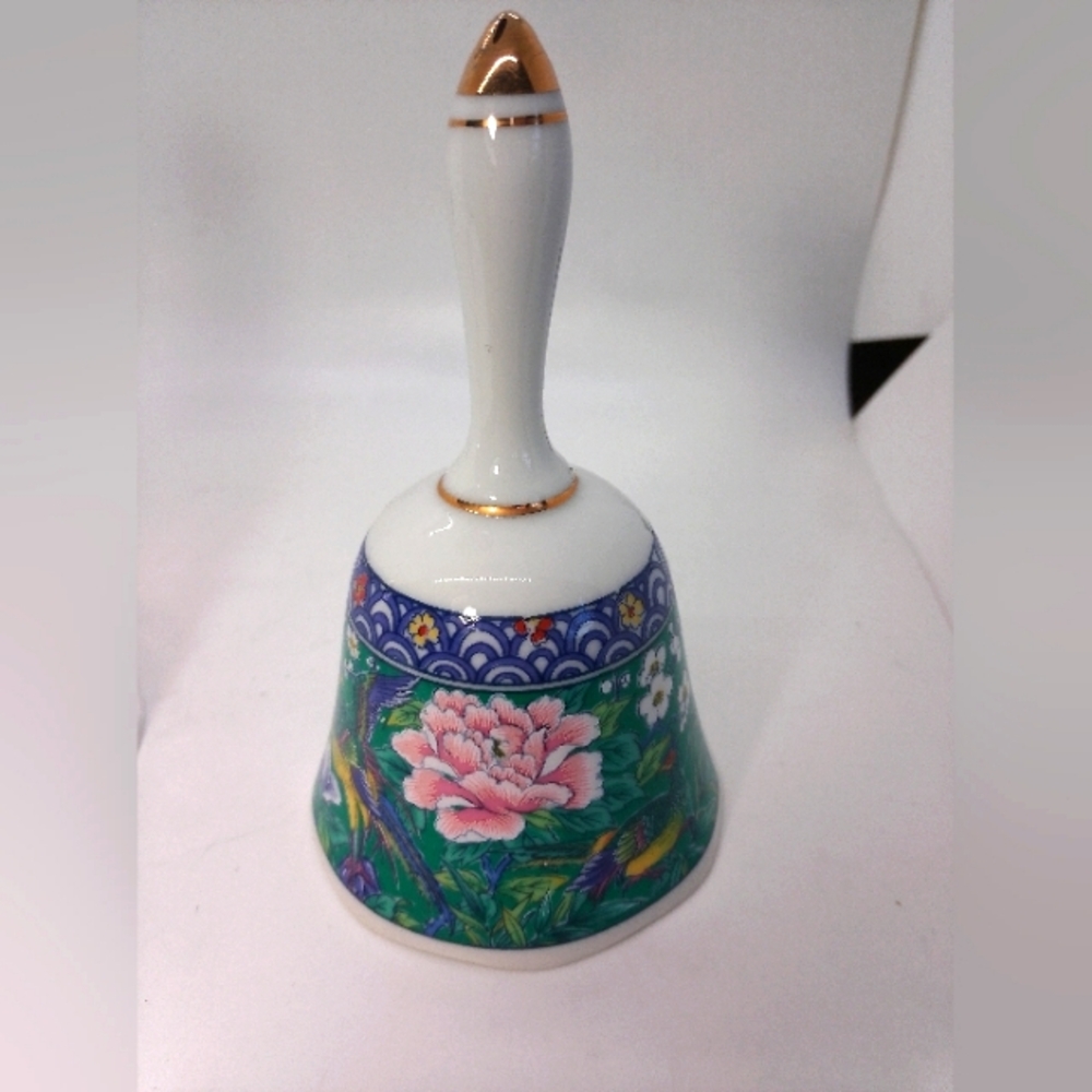 Porcelain Bell with Asian Floral Design Gold Accents